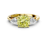Yellow gold Fancy Yellow Cushion Cut Diamond Three-Stone Ring with Pear Side Stones and Four-Prong Setting_84