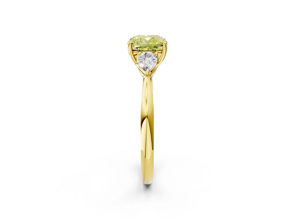 Yellow Gold Cushion Cut Three Stone Pear Side Engagement Ring Setting for Fancy Yellow Center