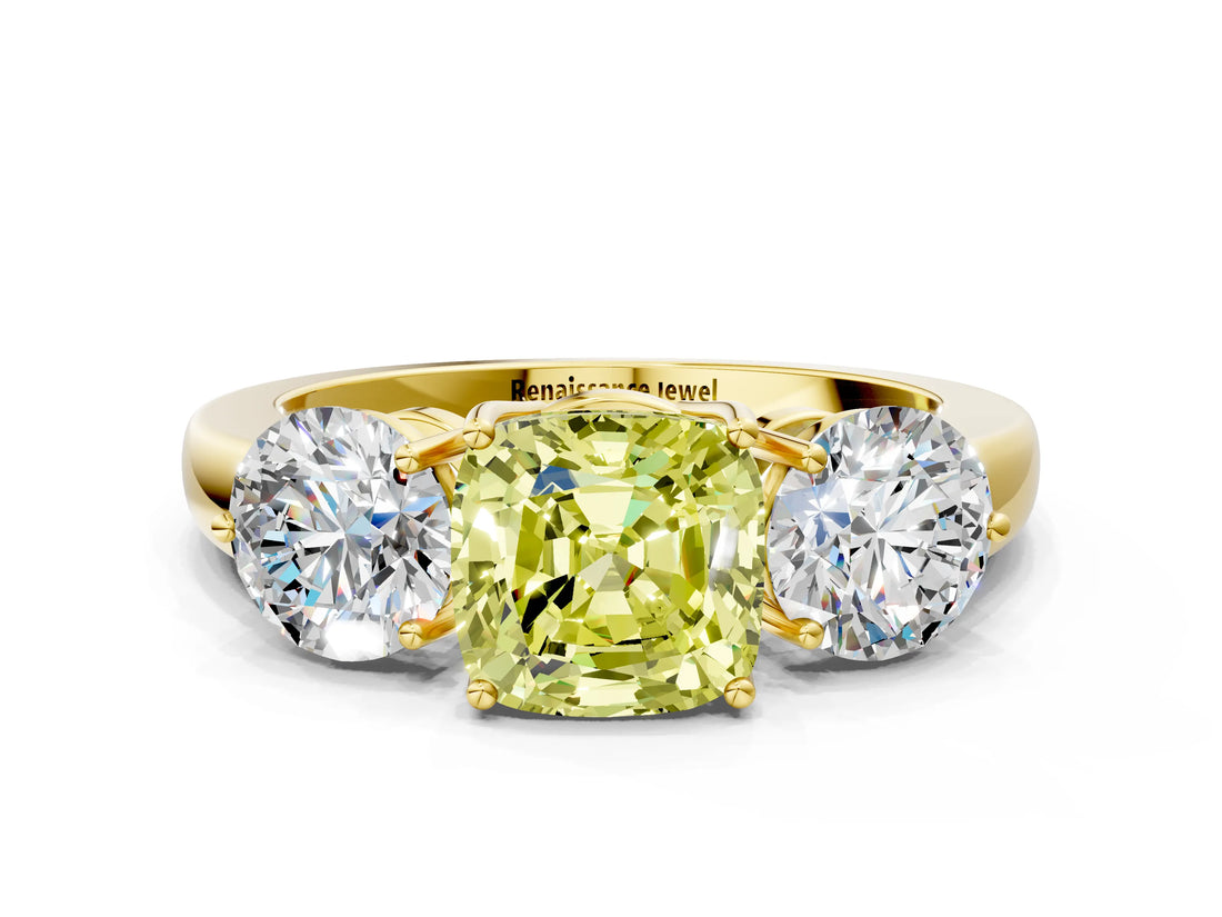 Yellow gold Fancy Yellow Cushion Cut Diamond Three-Stone Ring with Prong Setting and Classic Band_122
