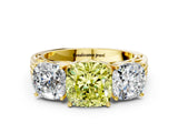 Yellow gold Fancy Yellow Cushion Cut Diamond Three-Stone Ring with Prong Setting and Textured Band