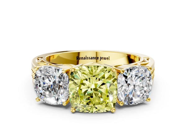 Yellow gold Fancy Yellow Cushion Cut Diamond Three-Stone Ring with Prong Setting and Textured Band