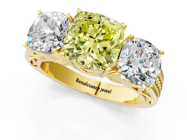 Yellow gold Fancy Yellow Cushion Cut Diamond Three-Stone Ring with Prong Setting and Textured Band