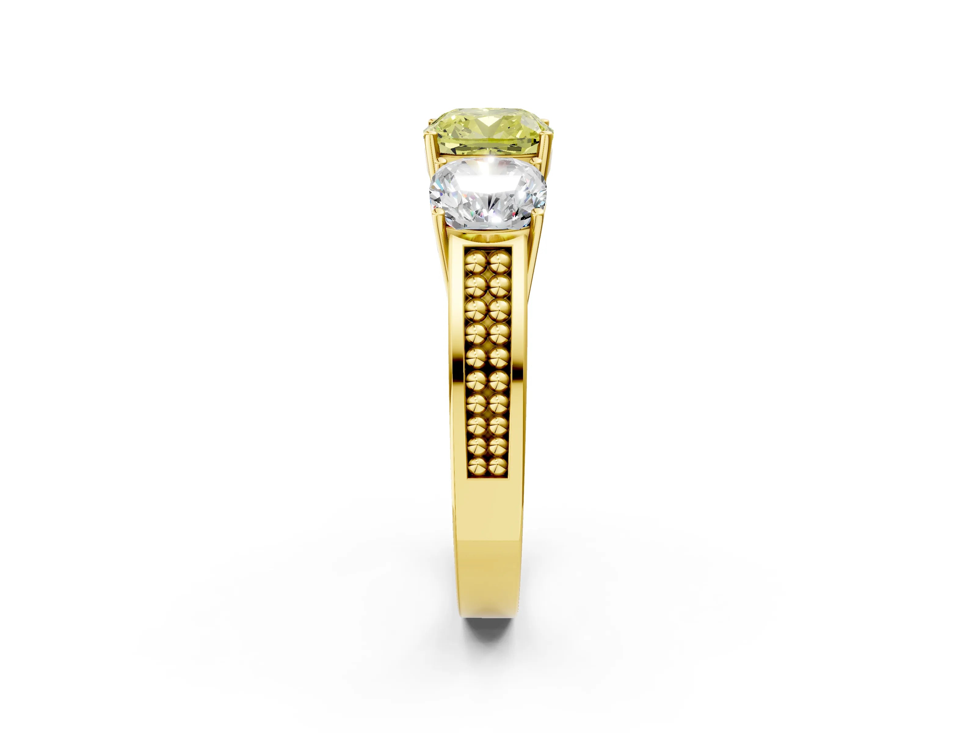 Yellow gold Fancy Yellow Cushion Cut Diamond Three-Stone Ring with Prong Setting and Textured Band_2