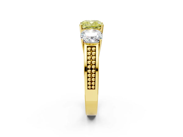 Yellow gold Fancy Yellow Cushion Cut Diamond Three-Stone Ring with Prong Setting and Textured Band