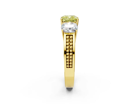 Yellow gold Fancy Yellow Cushion Cut Diamond Three-Stone Ring with Prong Setting and Textured Band_2