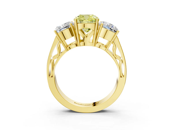 Yellow gold Fancy Yellow Cushion Cut Diamond Three-Stone Ring with Prong Setting and Textured Band