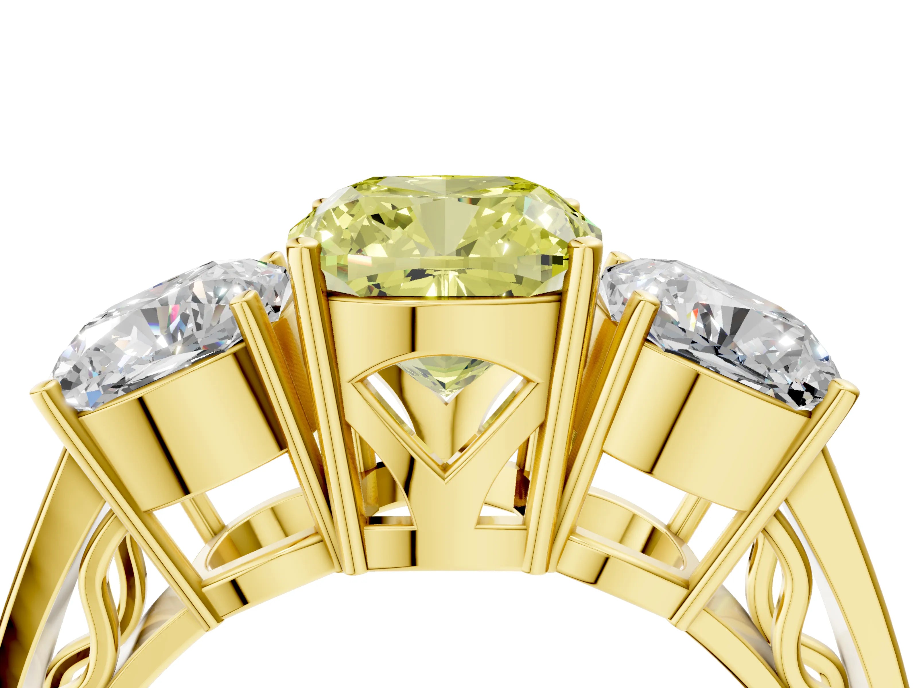 Yellow gold Fancy Yellow Cushion Cut Diamond Three-Stone Ring with Prong Setting and Textured Band_4
