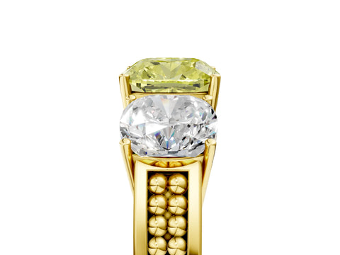 Yellow gold Fancy Yellow Cushion Cut Diamond Three-Stone Ring with Prong Setting and Textured Band_5