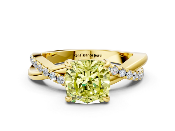Yellow gold Fancy Yellow Cushion  Cut Diamond Twist Band Solitaire with Prong Setting