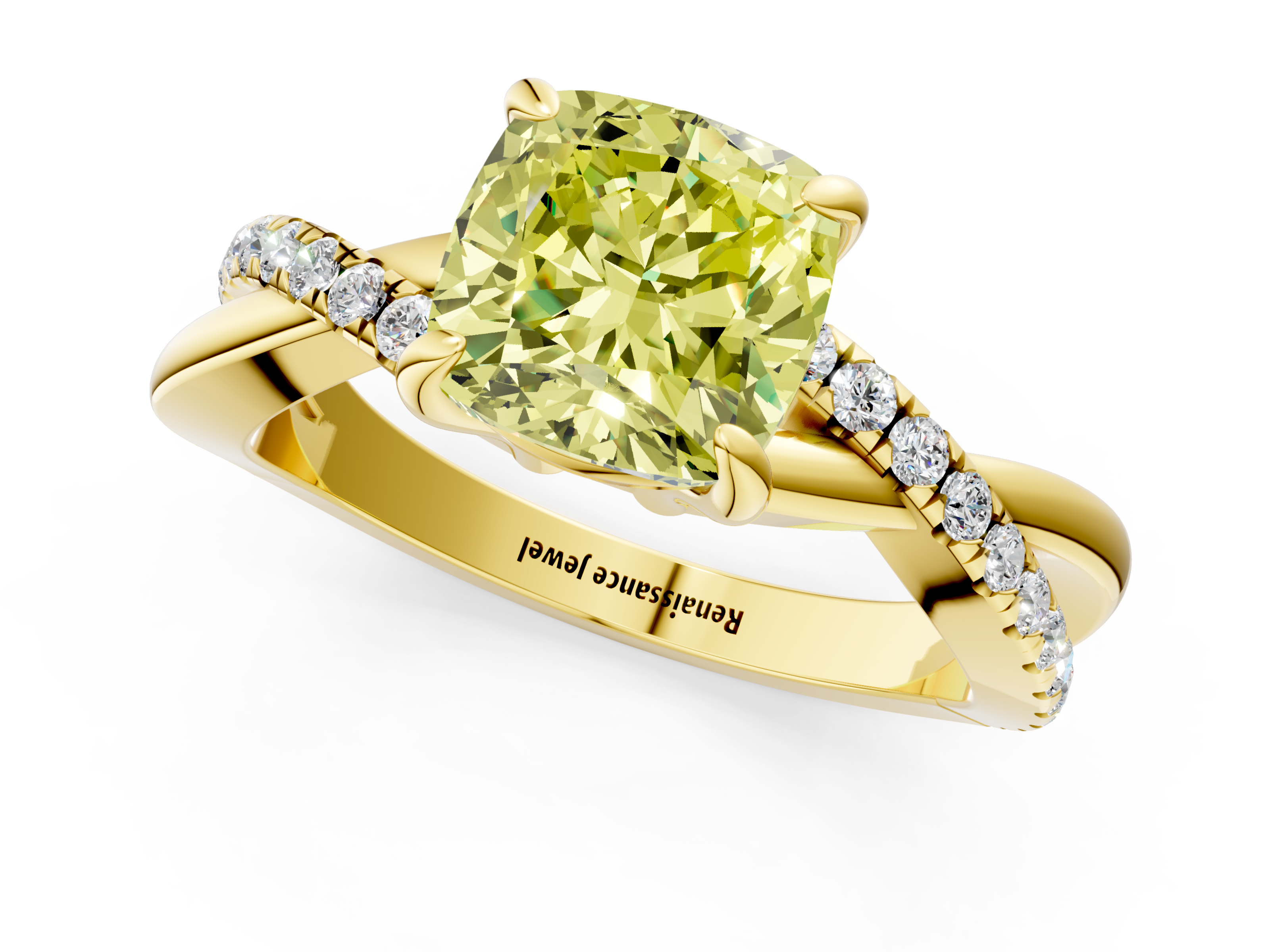 Yellow gold Fancy Yellow Cushion  Cut Diamond Twist Band Solitaire with Prong Setting_25