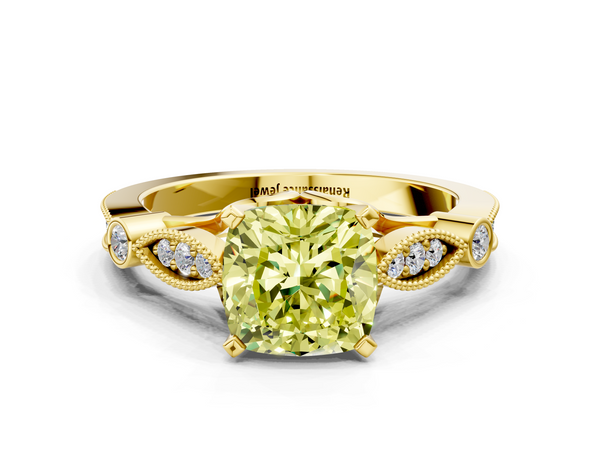 Yellow gold Fancy Yellow Cushion  Cut Diamond with Milgrain Marquise and Bezel Accents on a Solitaire Band with Prong Setting