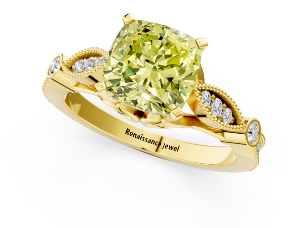 Yellow gold Fancy Yellow Cushion  Cut Diamond with Milgrain Marquise and Bezel Accents on a Solitaire Band with Prong Setting