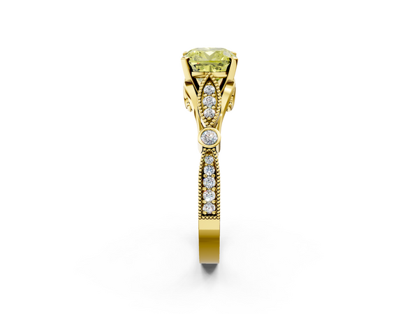 Yellow gold Fancy Yellow Cushion  Cut Diamond with Milgrain Marquise and Bezel Accents on a Solitaire Band with Prong Setting