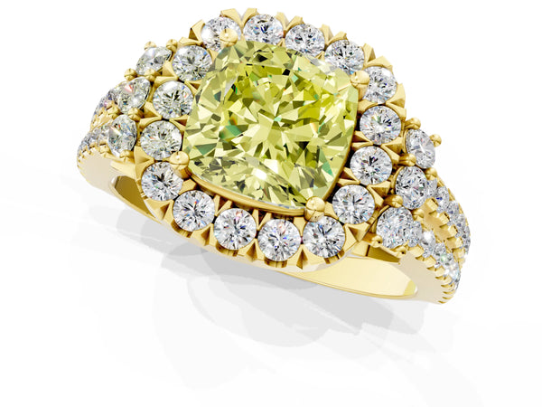 Yellow gold Fancy Yellow Cushion  Cut Double Halo Diamond Engagement Ring with Pave Band and Four-Prong Setting