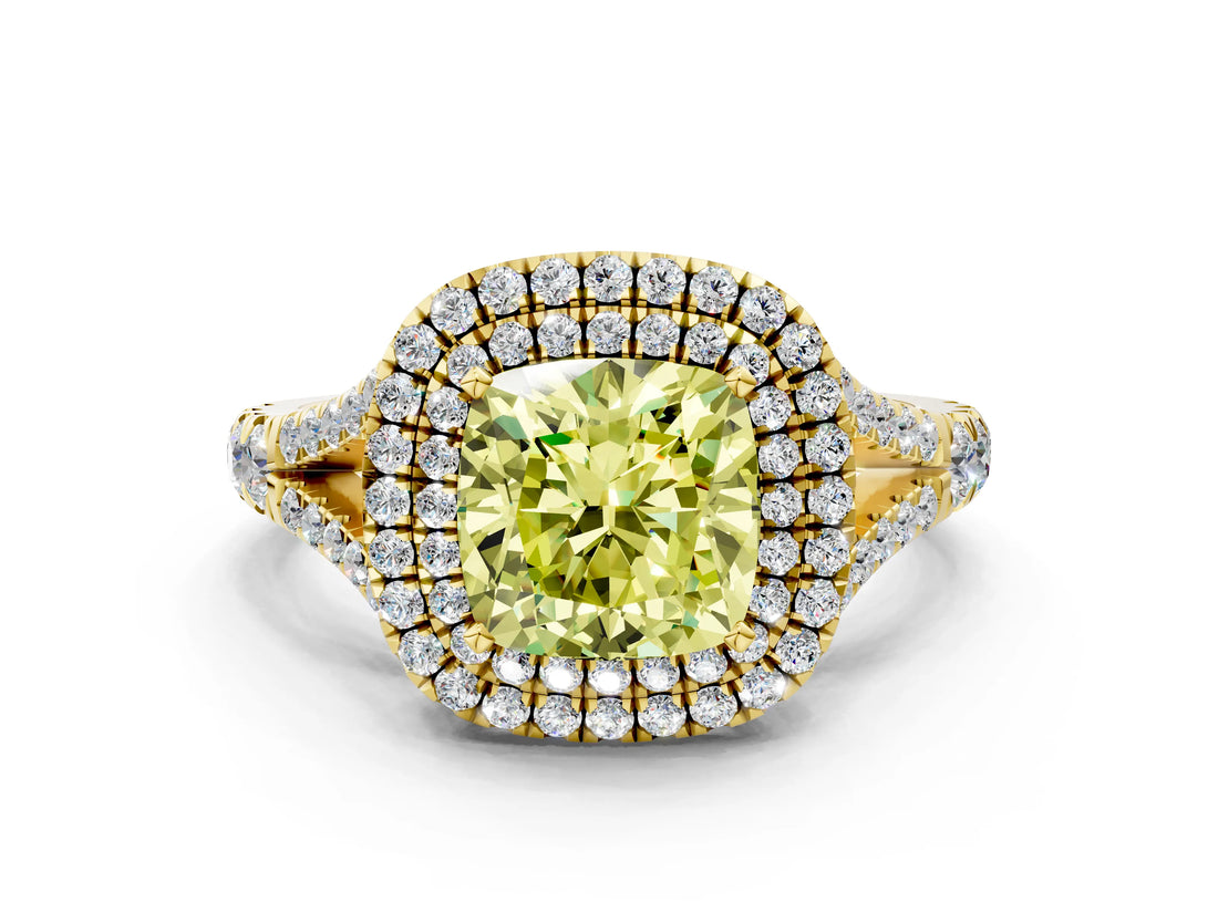 Yellow gold Fancy Yellow Cushion  Cut Double Halo Split Shank Diamond Ring with Prong Setting_48