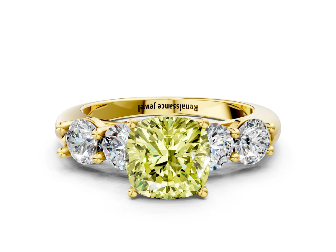 Yellow gold Fancy Yellow Cushion  Cut Five-Stone Prong Set Diamond Ring with Classic Band_32
