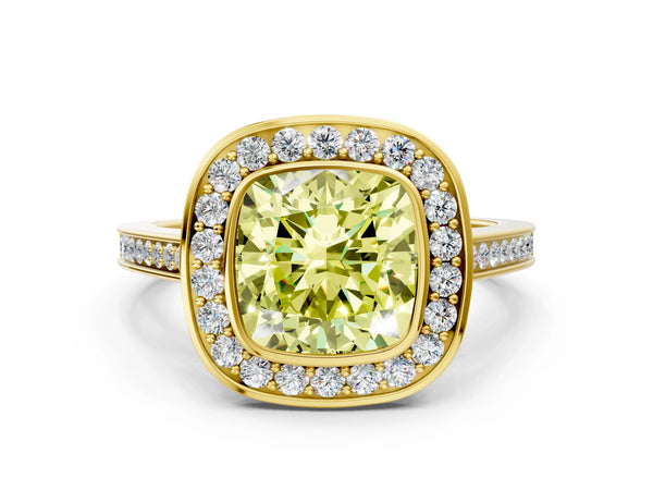 Yellow gold Fancy Yellow Cushion Cut Halo Bezel Diamond Pave Band Ring