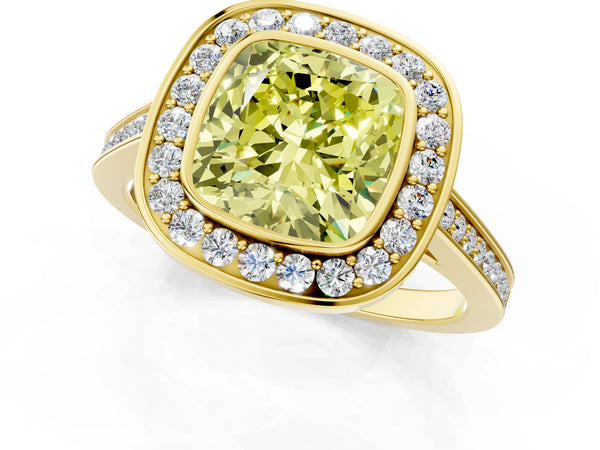 Yellow gold Fancy Yellow Cushion Cut Halo Bezel Diamond Pave Band Ring