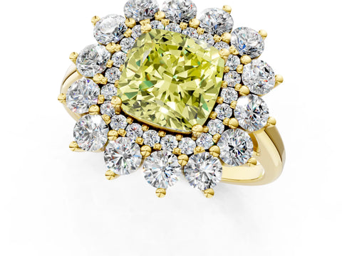 Yellow gold Fancy Yellow Cushion Cut Halo Cluster Diamond Ring with Pave Band and Four-Prong Setting_13