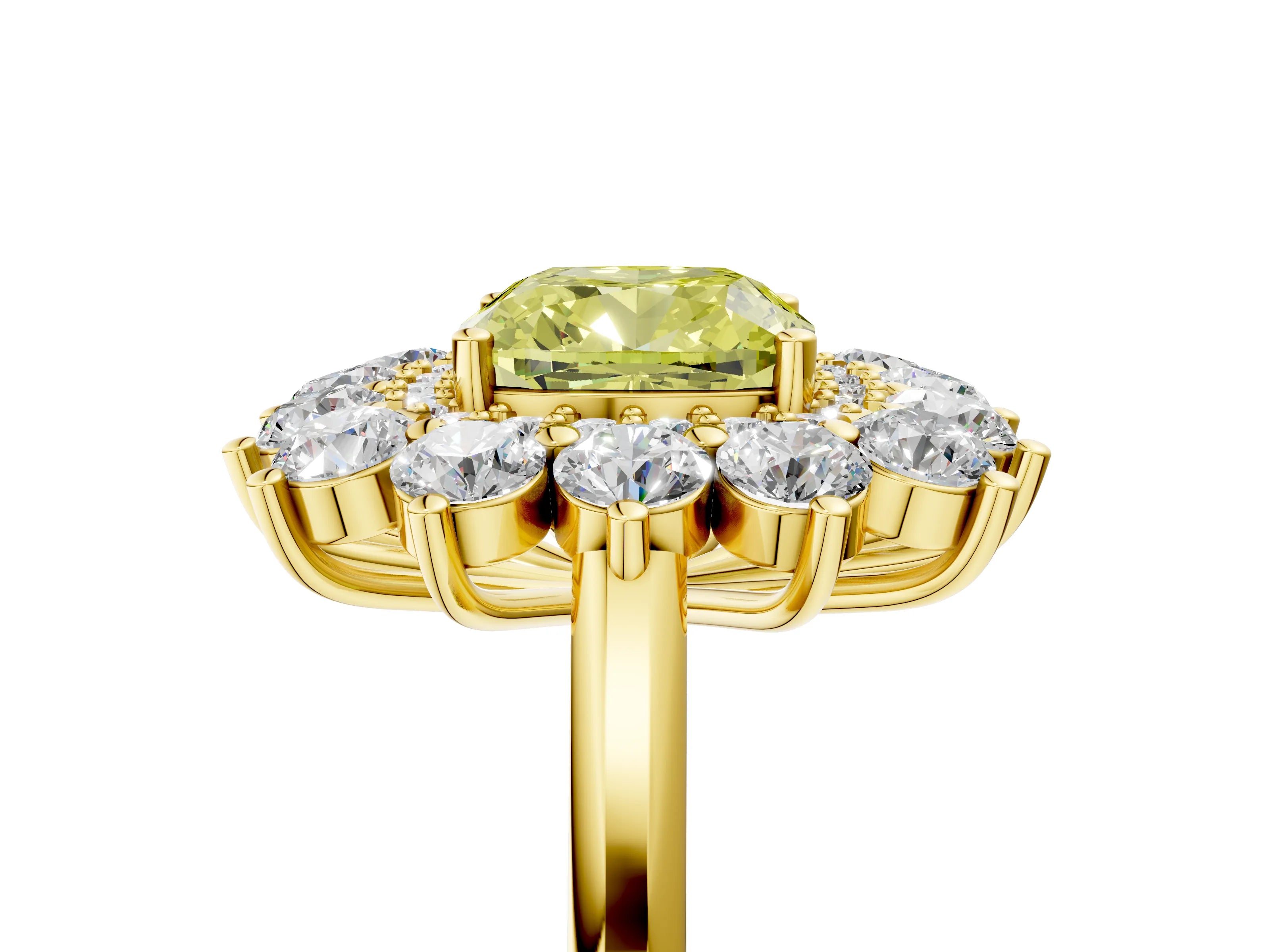 Yellow gold Fancy Yellow Cushion Cut Halo Cluster Diamond Ring with Pave Band and Four-Prong Setting_17
