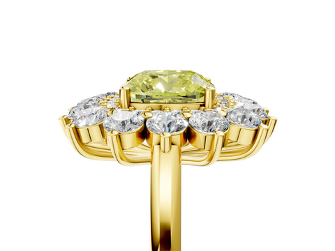Yellow gold Fancy Yellow Cushion Cut Halo Cluster Diamond Ring with Pave Band and Four-Prong Setting_17