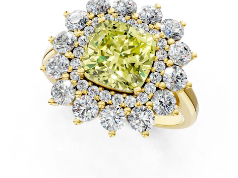 Yellow gold Fancy Yellow Cushion Cut Halo Cluster Diamond Ring with Pave Band and Four-Prong Setting_1