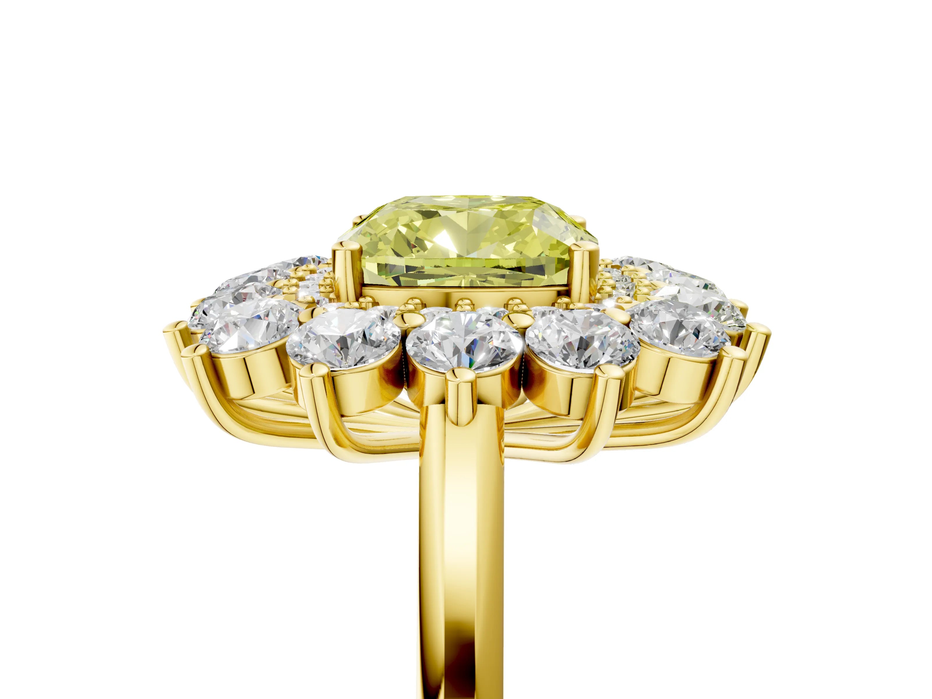 Yellow gold Fancy Yellow Cushion Cut Halo Cluster Diamond Ring with Pave Band and Four-Prong Setting_5