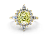 Yellow gold Fancy Yellow Cushion Cut Halo Diamond Cluster Ring with Marquise and Round Stones on a White Gold Band with Prong Setting