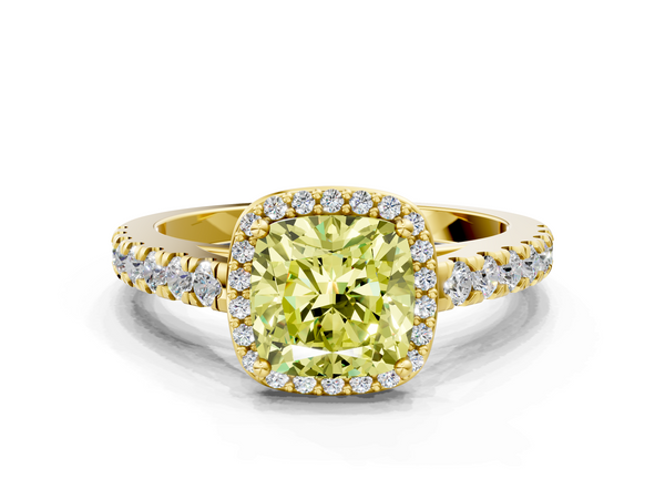 Yellow gold Fancy Yellow Cushion  Cut Halo Diamond Engagement Ring with Pave Band and Four-Prong Setting