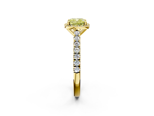 Yellow gold Fancy Yellow Cushion  Cut Halo Diamond Engagement Ring with Pave Band and Four-Prong Setting