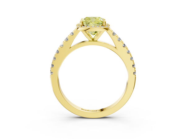 Yellow gold Fancy Yellow Cushion  Cut Halo Diamond Engagement Ring with Pave Band and Four-Prong Setting