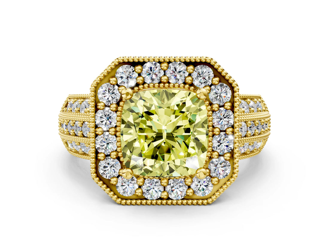 Yellow gold Fancy Yellow Cushion Cut Halo Diamond Engagement Ring with Pave Split Shank and Four-Prong Setting