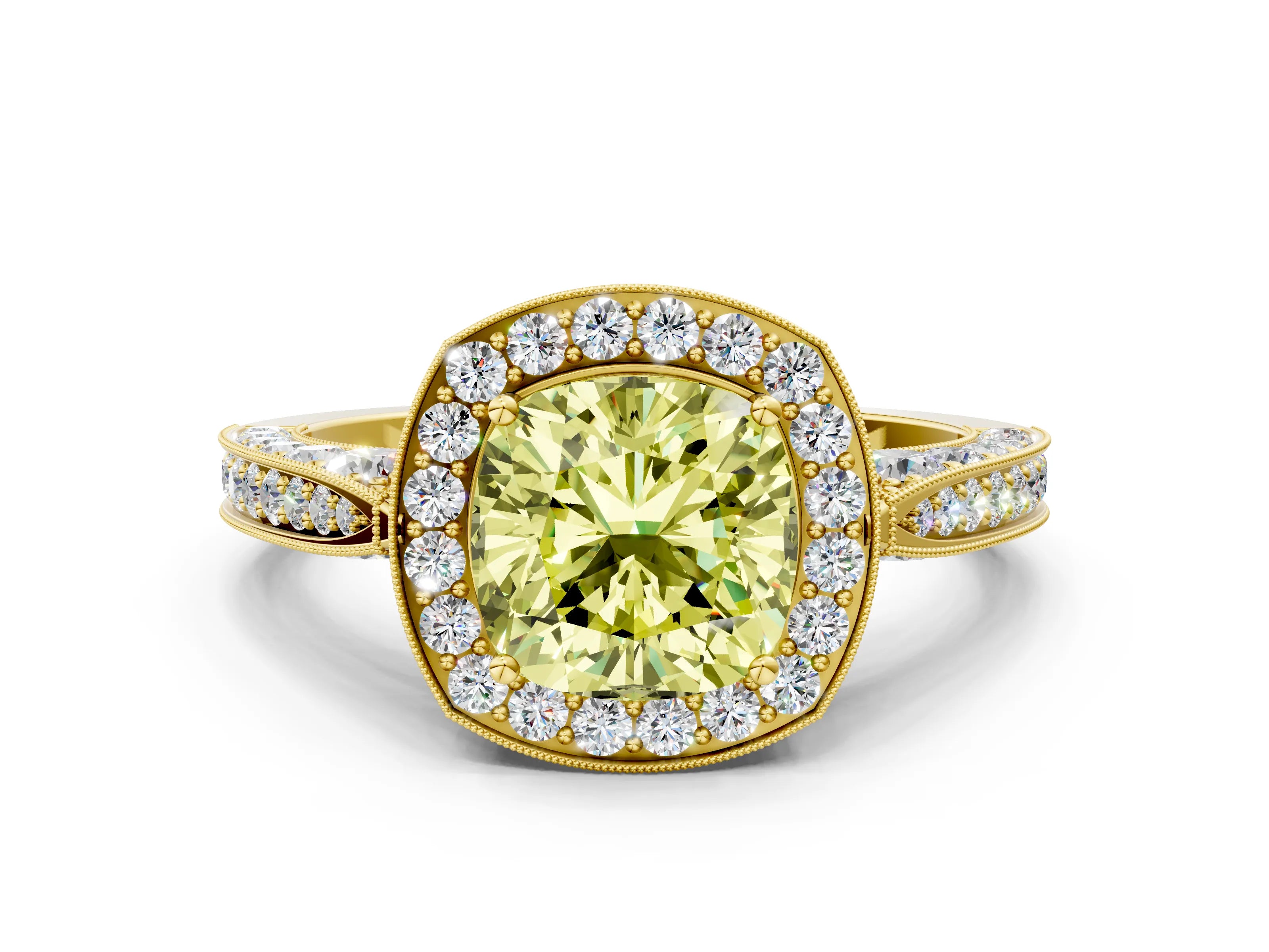 Yellow gold Fancy Yellow Cushion Cut Halo Diamond Engagement Ring with Split Shank Band and Four-Prong Setting