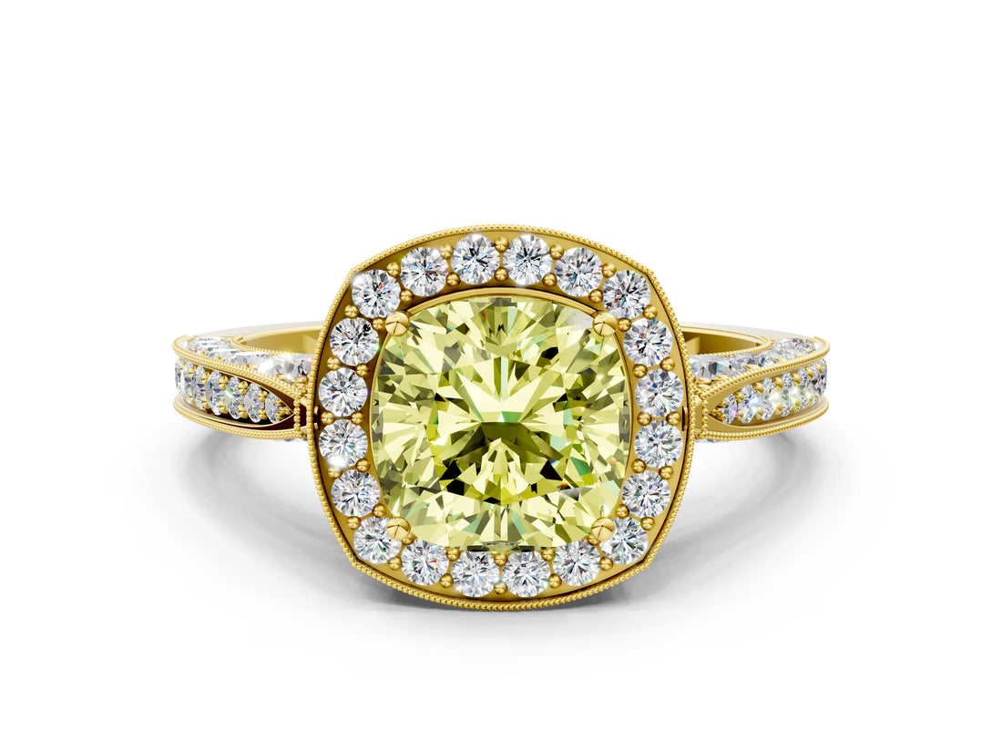 Yellow gold Fancy Yellow Cushion Cut Halo Diamond Engagement Ring with Split Shank Band and Four-Prong Setting