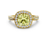 Yellow gold Fancy Yellow Cushion Cut Halo Diamond Engagement Ring with Split Shank Band and Four-Prong Setting