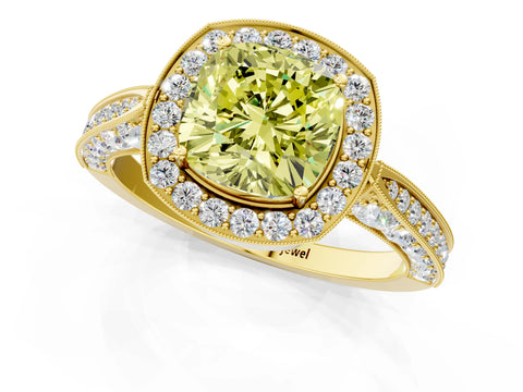 Yellow gold Fancy Yellow Cushion Cut Halo Diamond Engagement Ring with Split Shank Band and Four-Prong Setting_1