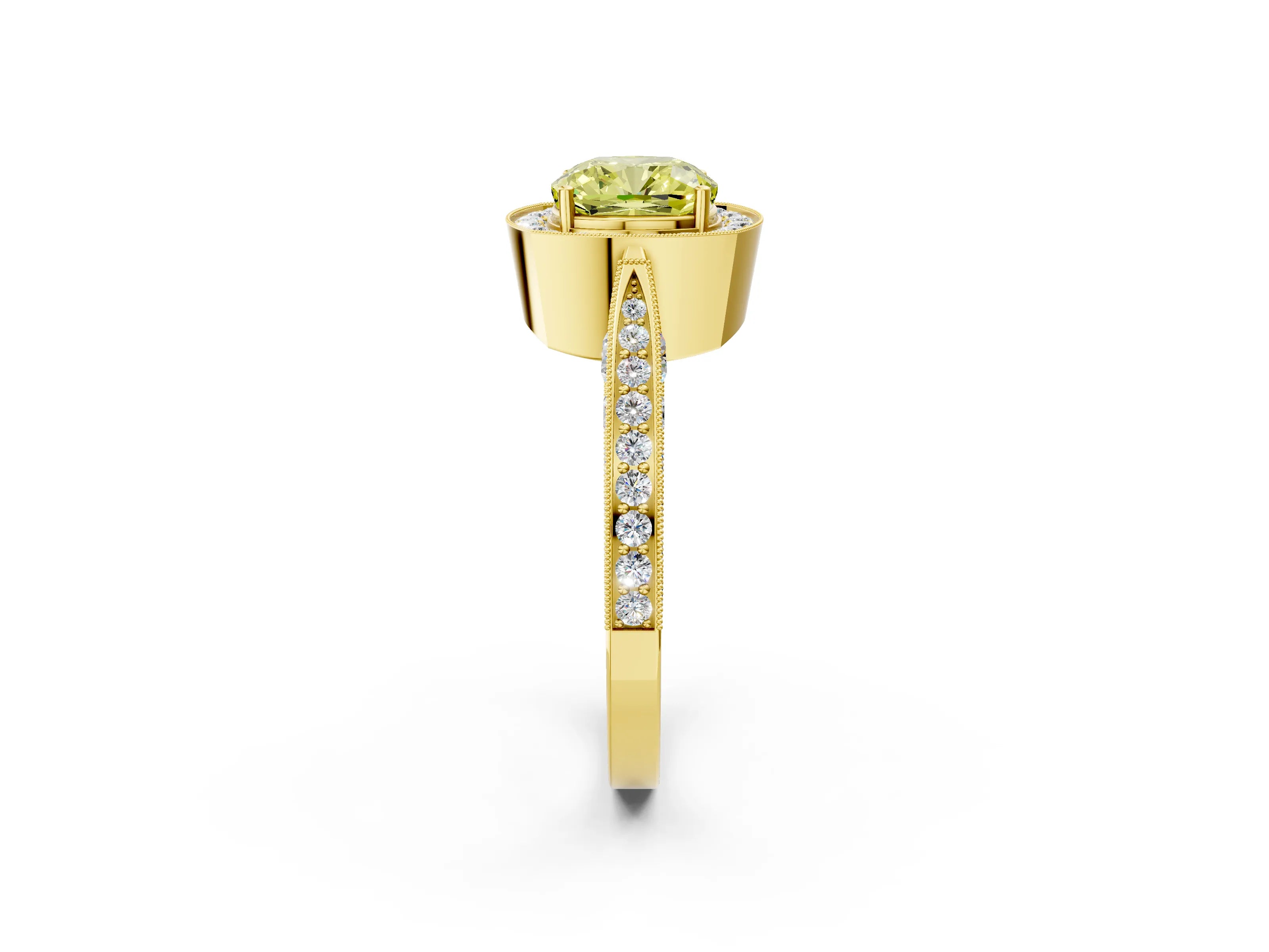 Yellow gold Fancy Yellow Cushion Cut Halo Diamond Engagement Ring with Split Shank Band and Four-Prong Setting_2