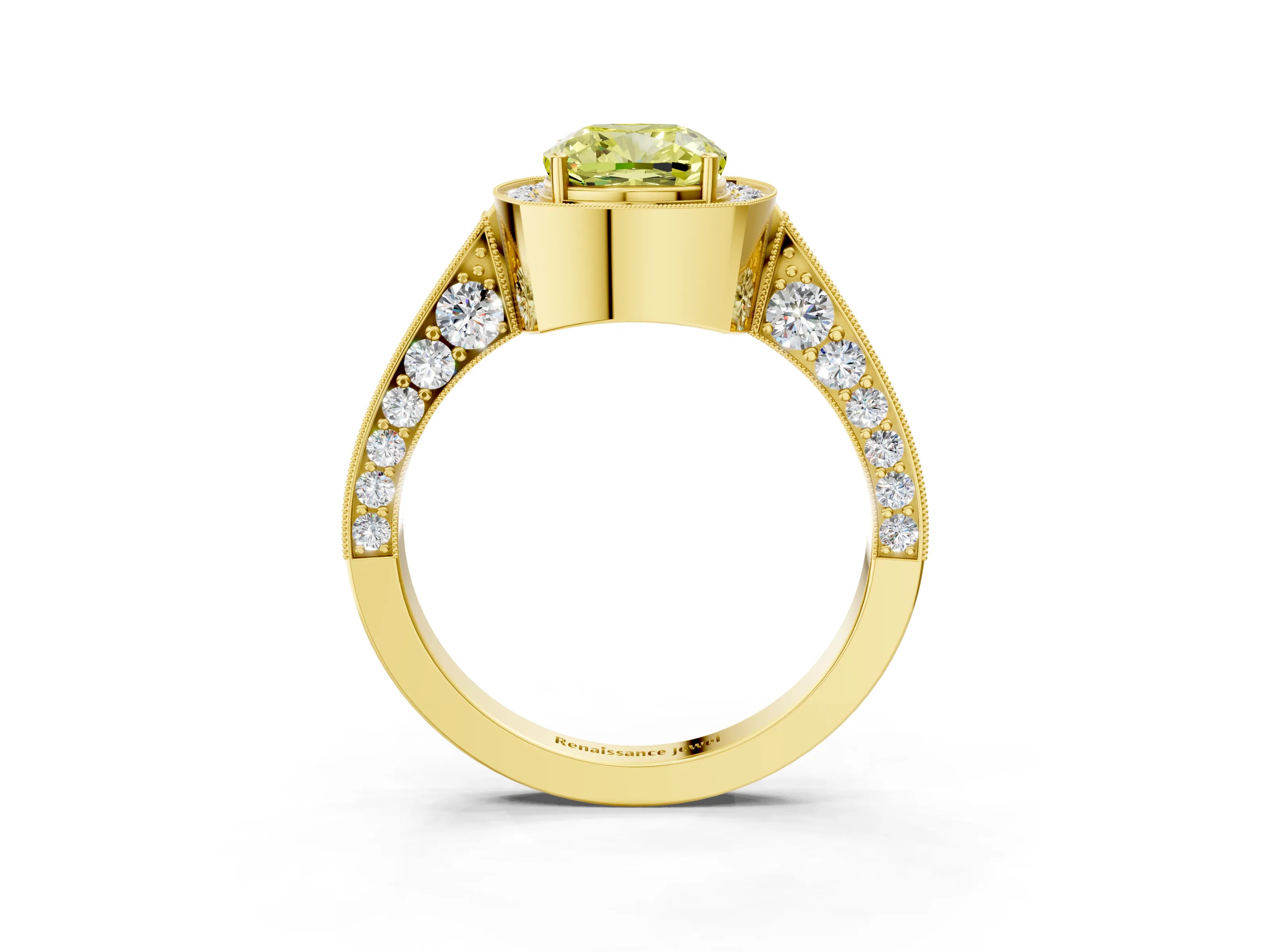 Yellow gold Fancy Yellow Cushion Cut Halo Diamond Engagement Ring with Split Shank Band and Four-Prong Setting_3