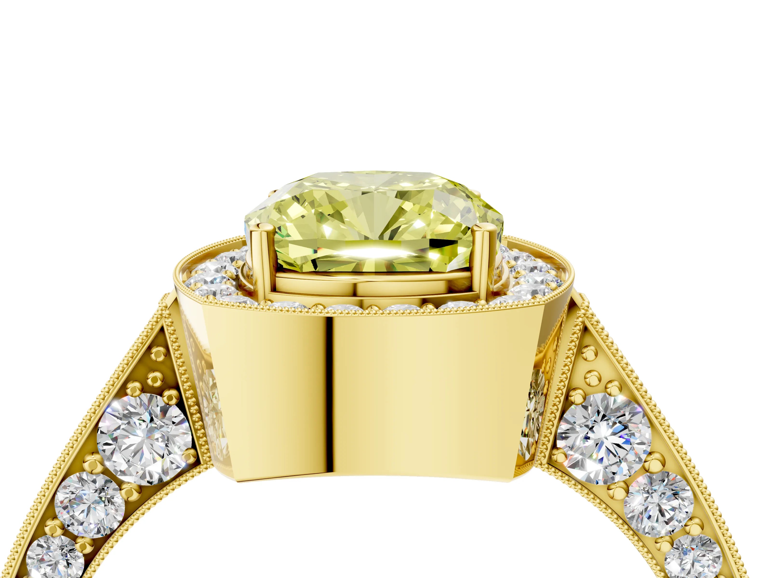 Yellow gold Fancy Yellow Cushion Cut Halo Diamond Engagement Ring with Split Shank Band and Four-Prong Setting_4