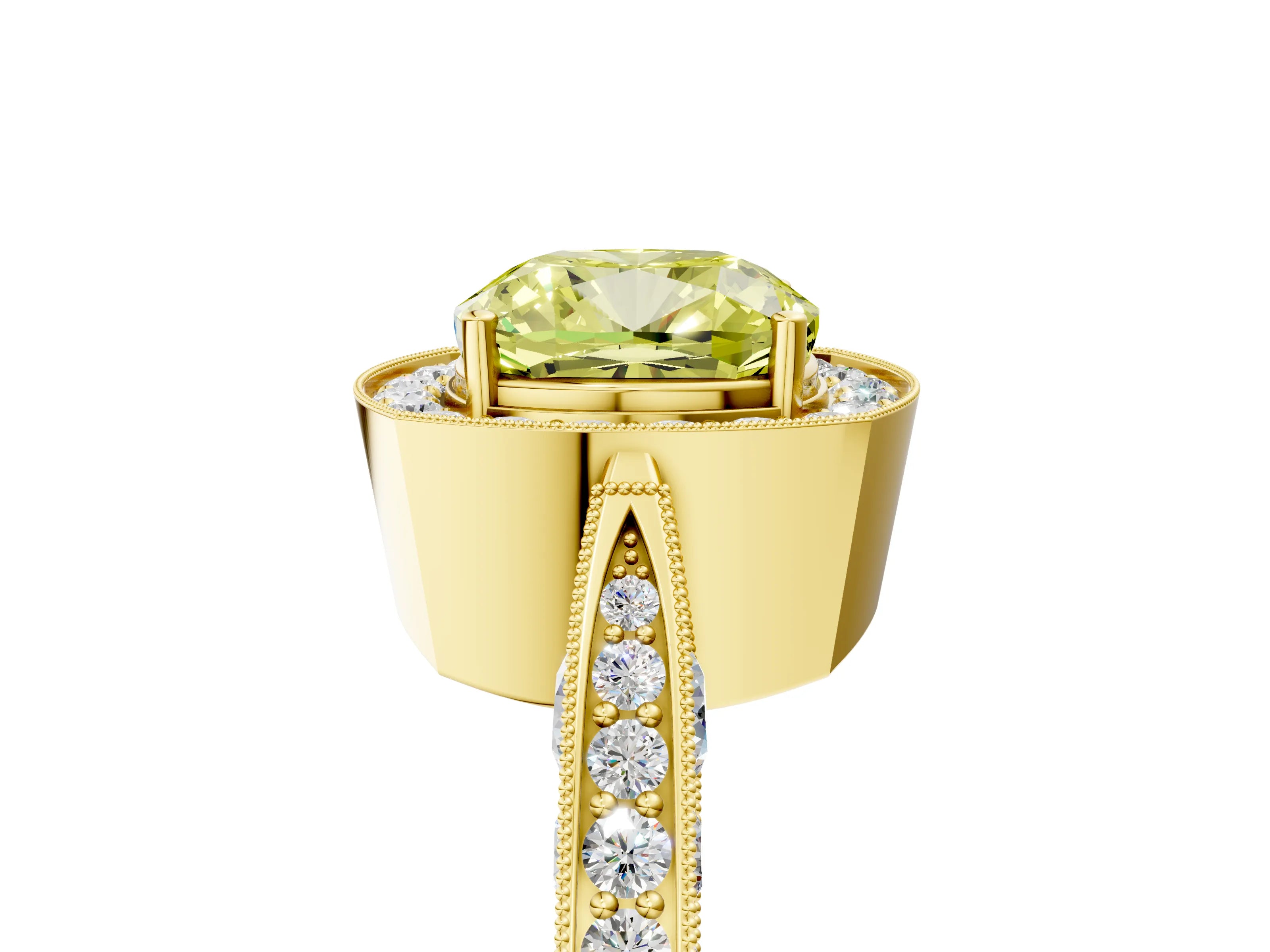 Yellow gold Fancy Yellow Cushion Cut Halo Diamond Engagement Ring with Split Shank Band and Four-Prong Setting_5