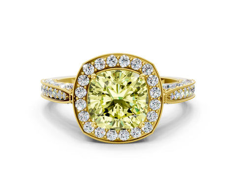 Yellow gold Fancy Yellow Cushion Cut Halo Diamond Engagement Ring with Split Shank Band and Four-Prong Setting