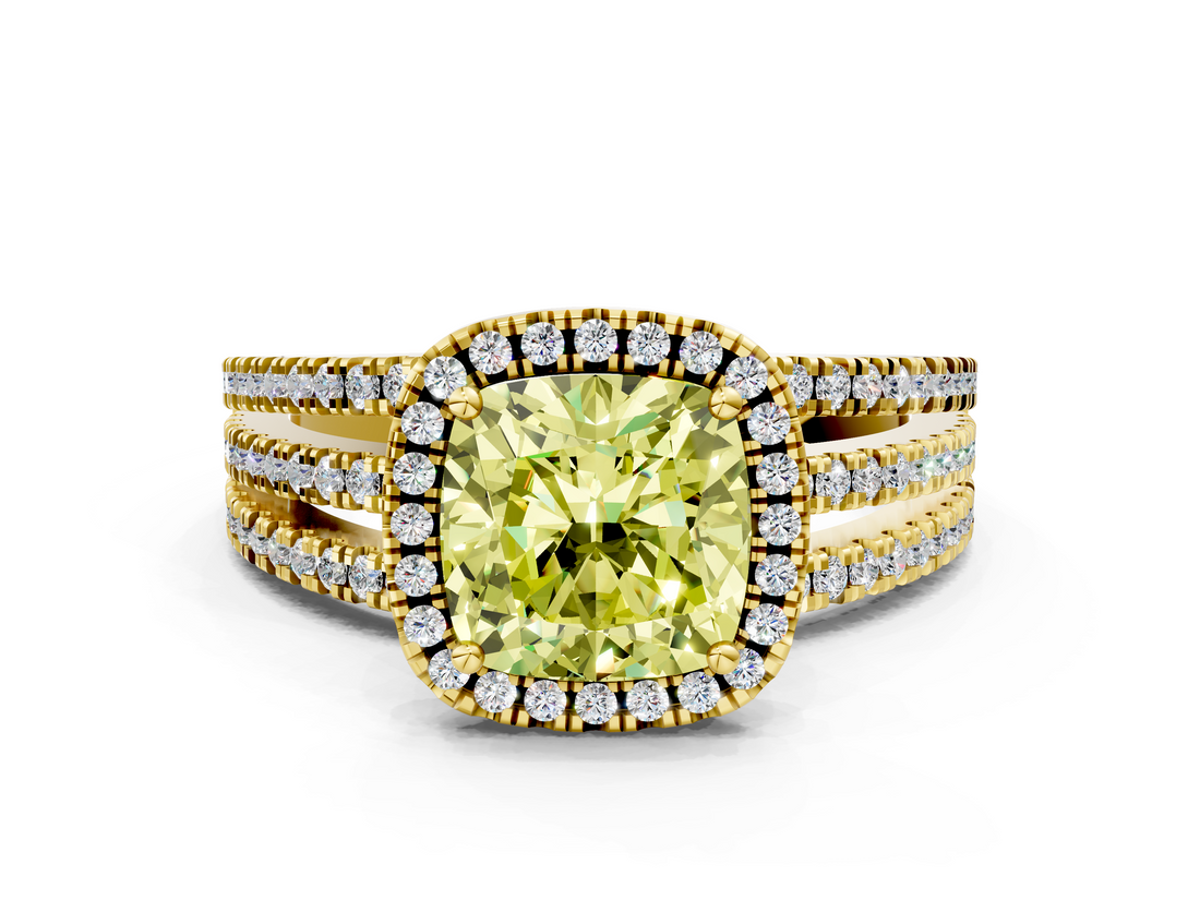 Yellow gold Fancy Yellow Cushion  Cut Halo Diamond Engagement Ring with Split Shank and Four-Prong Setting_20