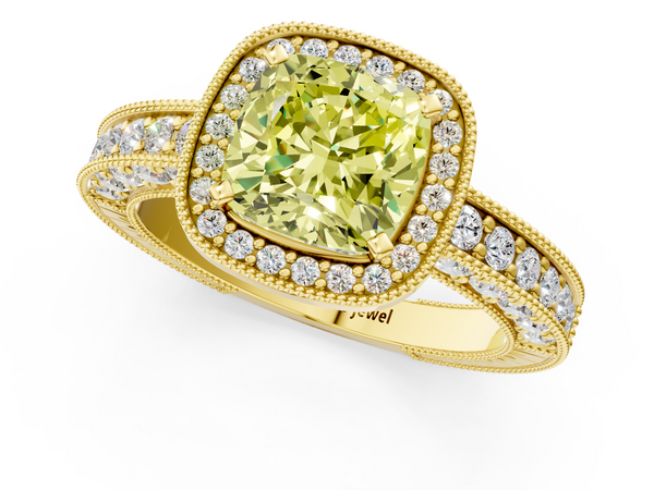 Yellow gold Fancy Yellow Cushion  Cut Halo Diamond Pave Band Ring with Four-Prong Setting
