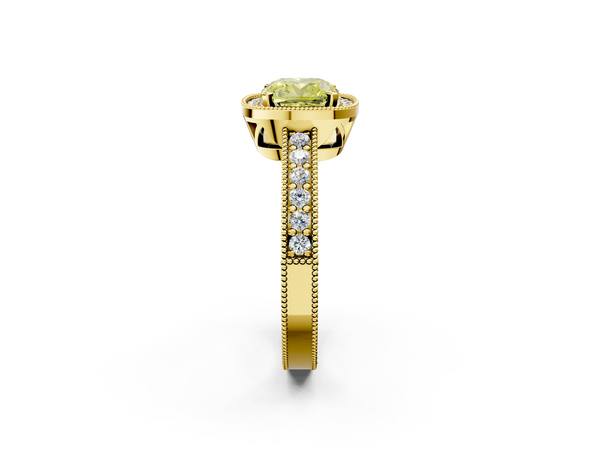 Yellow gold Fancy Yellow Cushion  Cut Halo Diamond Pave Band Ring with Four-Prong Setting