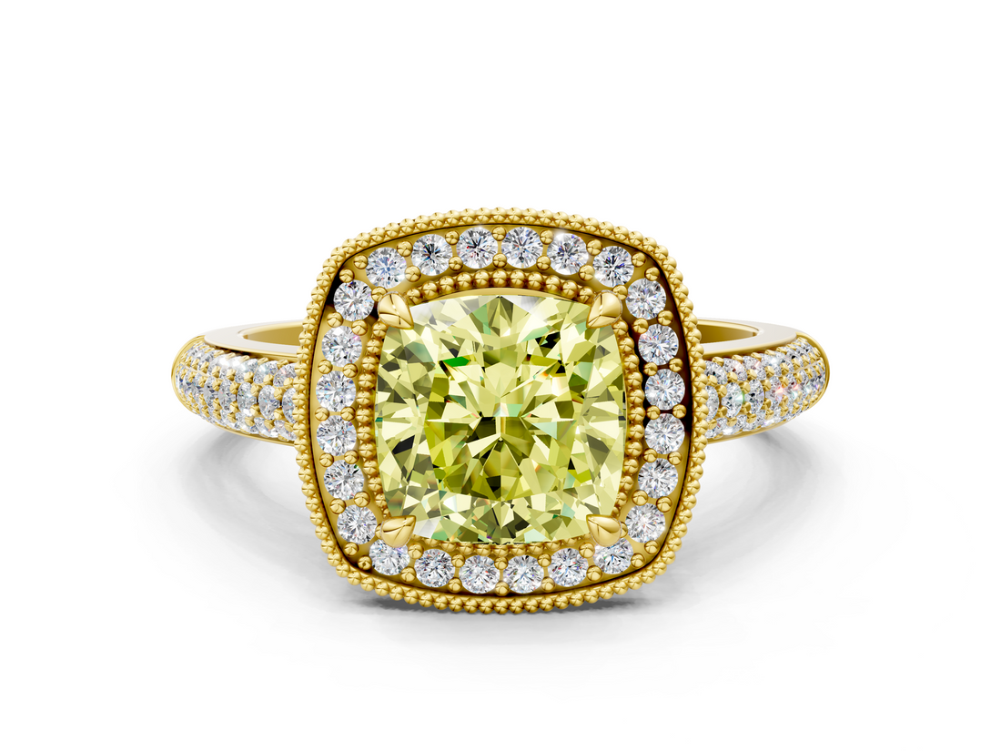Yellow gold Fancy Yellow Cushion  Cut Halo Diamond Pave Band with Four-Prong Setting_35