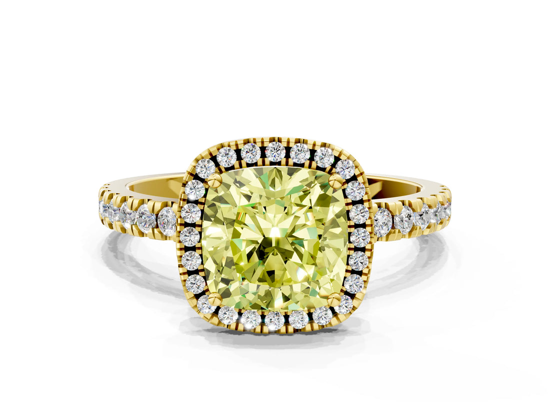 Yellow gold Fancy Yellow Cushion Cut Halo Diamond Pave Band with Prong Setting