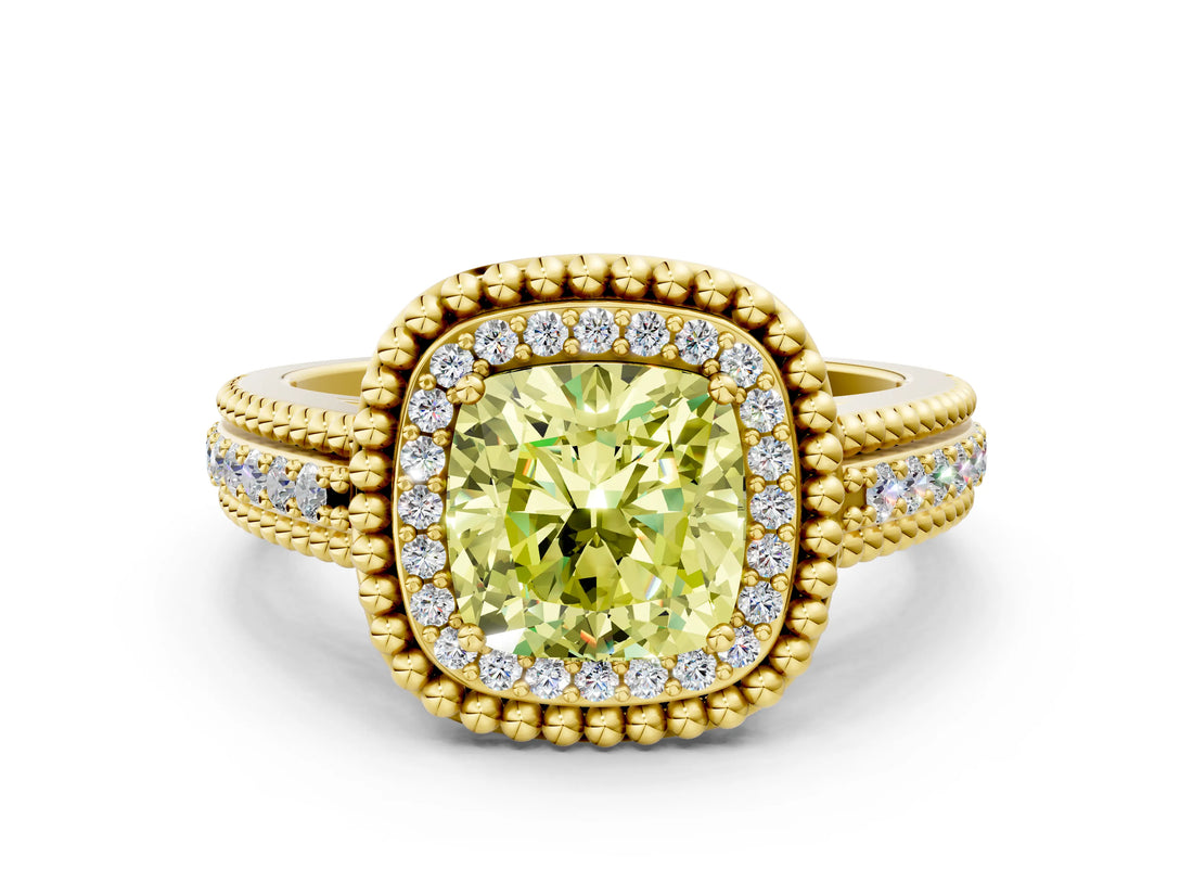 Yellow gold Fancy Yellow Cushion Cut Halo Diamond Ring with Beaded Split Shank and Four-Prong Setting