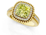 Yellow gold Fancy Yellow Cushion Cut Halo Diamond Ring with Beaded Split Shank and Four-Prong Setting_1