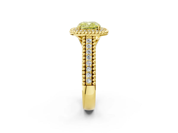 Yellow Gold Cushion Cut Beaded Halo Engagement Ring Setting for Fancy Yellow Center with Pave