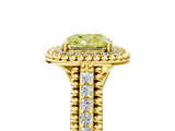 Yellow gold Fancy Yellow Cushion Cut Halo Diamond Ring with Beaded Split Shank and Four-Prong Setting_5
